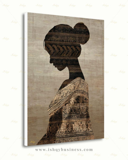 Thai Woman Wall Art, Batik Silhouette Canvas Print, Neutral Boho Southeast Asia Decor, Minimalist Cultural Portrait, Framed Canvas Gift