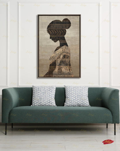 Thai Woman Wall Art, Batik Silhouette Canvas Print, Neutral Boho Southeast Asia Decor, Minimalist Cultural Portrait, Framed Canvas Gift