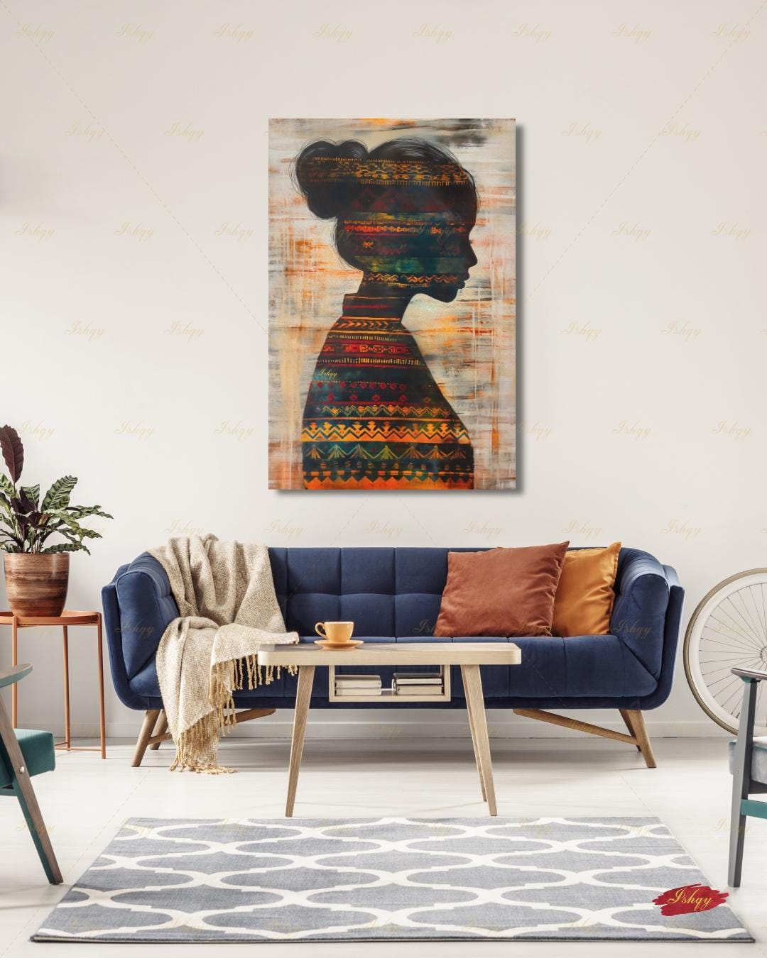 Colombian Woman Wall Art, Tribal Textile Silhouette Canvas Print, Boho Latin America Decor, Warm Earth Tone Portrait, Framed Canvas Gift