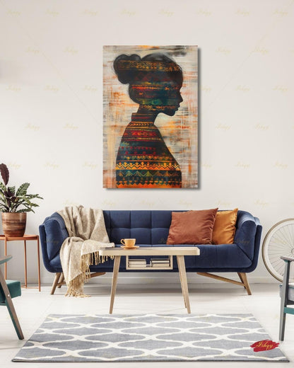 Colombian Woman Wall Art, Tribal Textile Silhouette Canvas Print, Boho Latin America Decor, Warm Earth Tone Portrait, Framed Canvas Gift