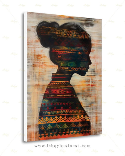 Colombian Woman Wall Art, Tribal Textile Silhouette Canvas Print, Boho Latin America Decor, Warm Earth Tone Portrait, Framed Canvas Gift