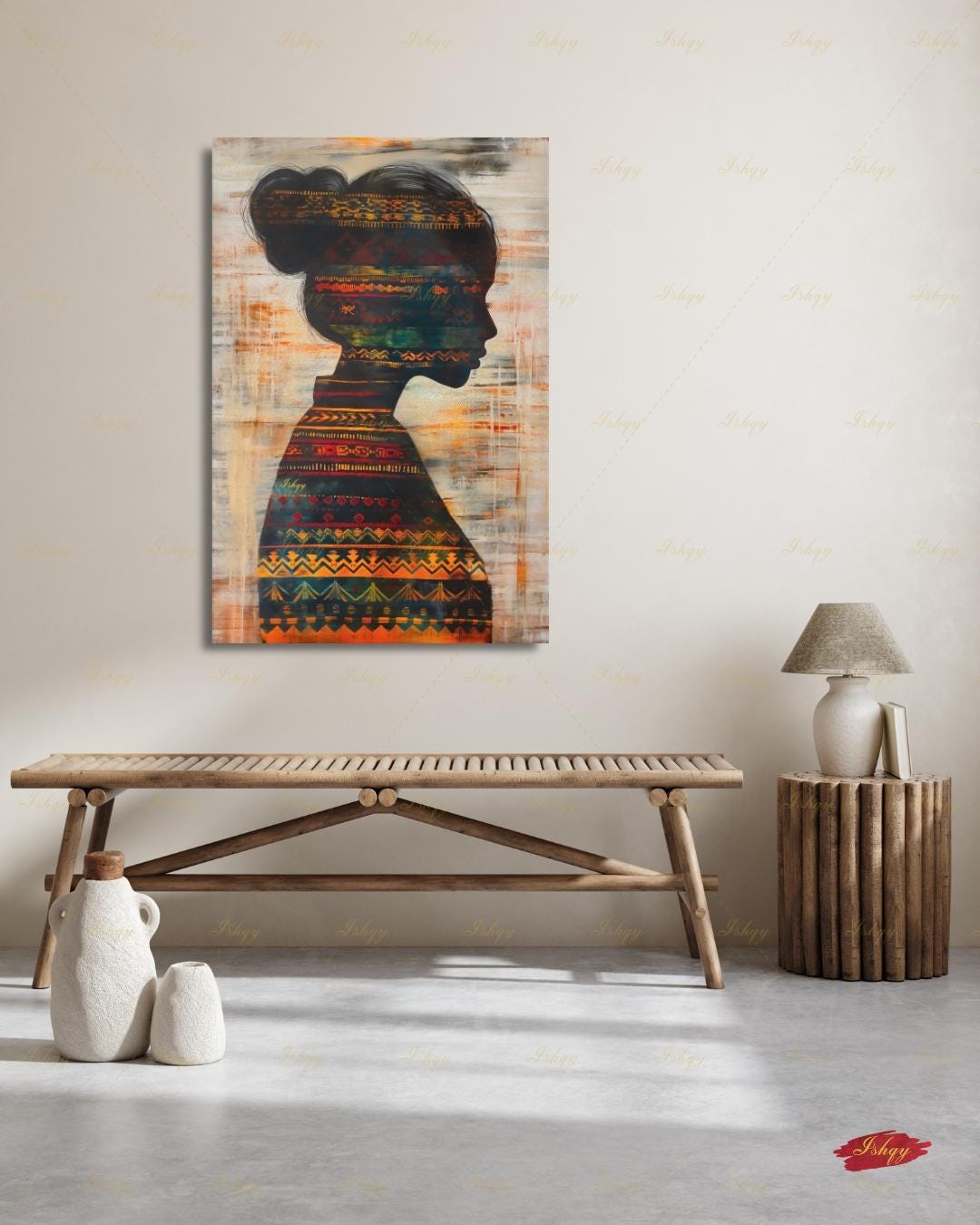 Colombian Woman Wall Art, Tribal Textile Silhouette Canvas Print, Boho Latin America Decor, Warm Earth Tone Portrait, Framed Canvas Gift