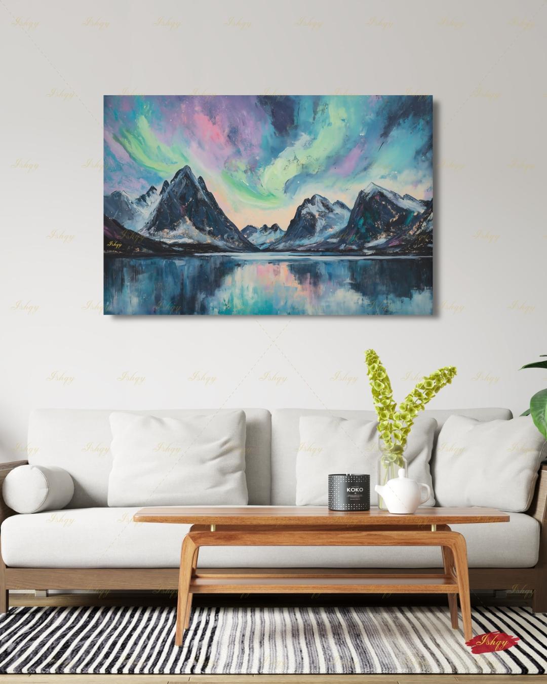 Northern Lights Wall Art, Aurora Borealis Canvas Print, Norway Mountain Lake Decor, Teal Night Sky Art, Living Room Framed Canvas Gift