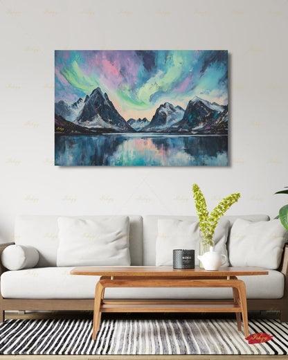 Northern Lights Wall Art, Aurora Borealis Canvas Print, Norway Mountain Lake Decor, Teal Night Sky Art, Living Room Framed Canvas Gift