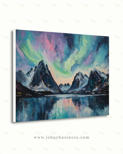 Northern Lights Wall Art, Aurora Borealis Canvas Print, Norway Mountain Lake Decor, Teal Night Sky Art, Living Room Framed Canvas Gift