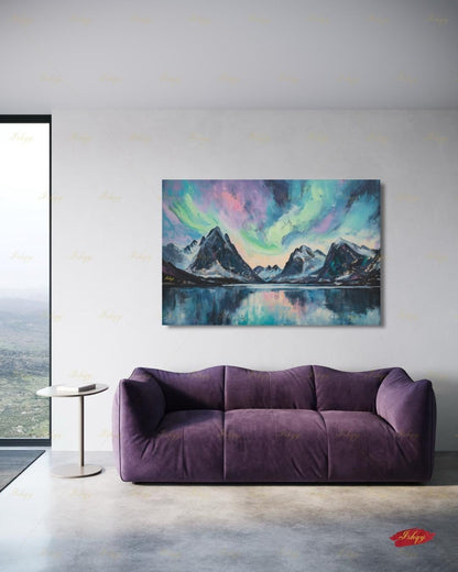 Northern Lights Wall Art, Aurora Borealis Canvas Print, Norway Mountain Lake Decor, Teal Night Sky Art, Living Room Framed Canvas Gift
