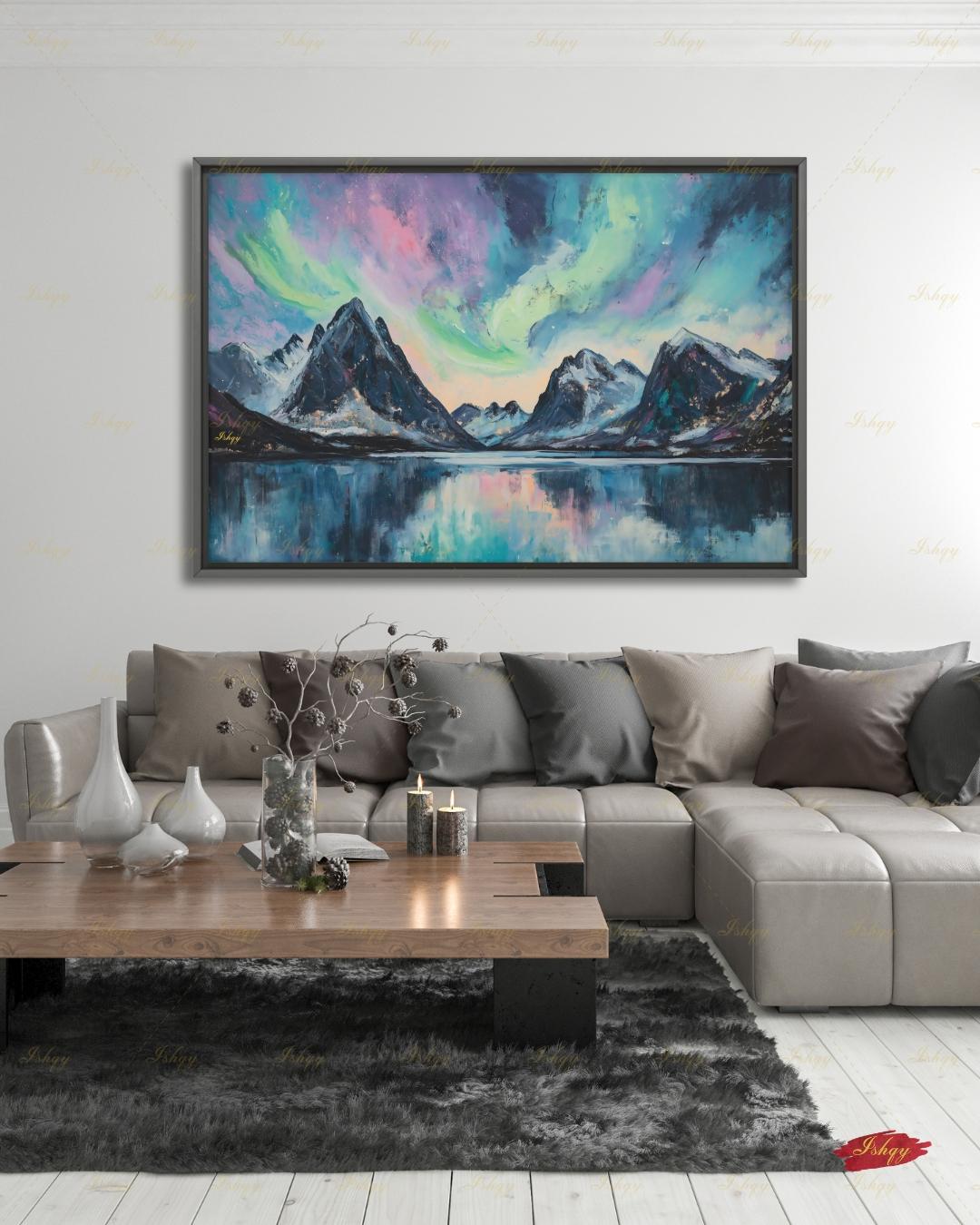 Northern Lights Wall Art, Aurora Borealis Canvas Print, Norway Mountain Lake Decor, Teal Night Sky Art, Living Room Framed Canvas Gift