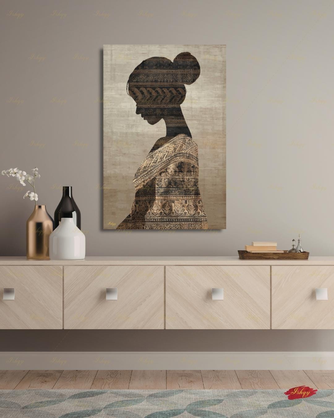 Thai Woman Wall Art, Batik Silhouette Canvas Print, Neutral Boho Southeast Asia Decor, Minimalist Cultural Portrait, Framed Canvas Gift