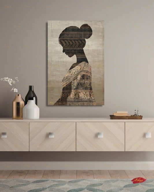 Thai Woman Wall Art, Batik Silhouette Canvas Print, Neutral Boho Southeast Asia Decor, Minimalist Cultural Portrait, Framed Canvas Gift