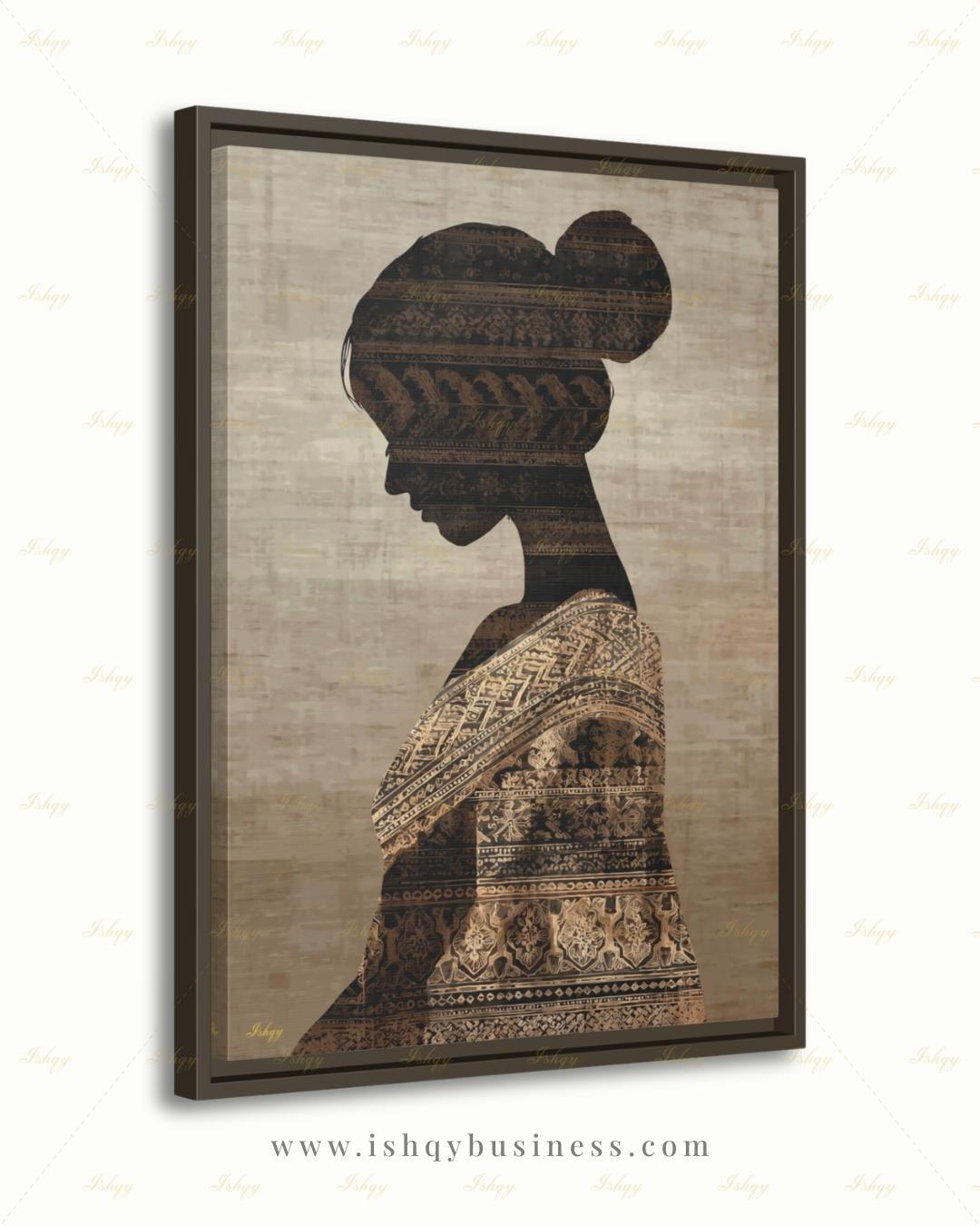 Thai Woman Wall Art, Batik Silhouette Canvas Print, Neutral Boho Southeast Asia Decor, Minimalist Cultural Portrait, Framed Canvas Gift