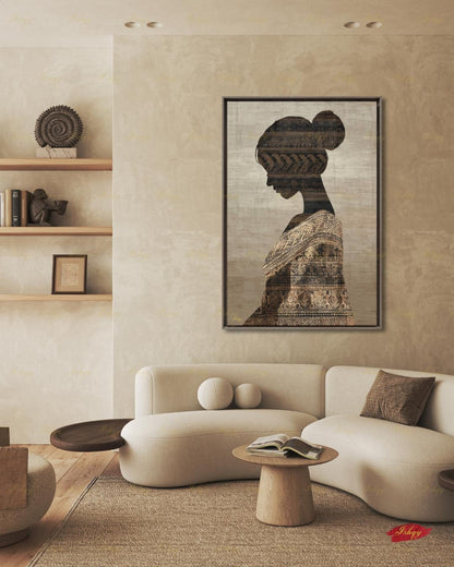 Thai Woman Wall Art, Batik Silhouette Canvas Print, Neutral Boho Southeast Asia Decor, Minimalist Cultural Portrait, Framed Canvas Gift