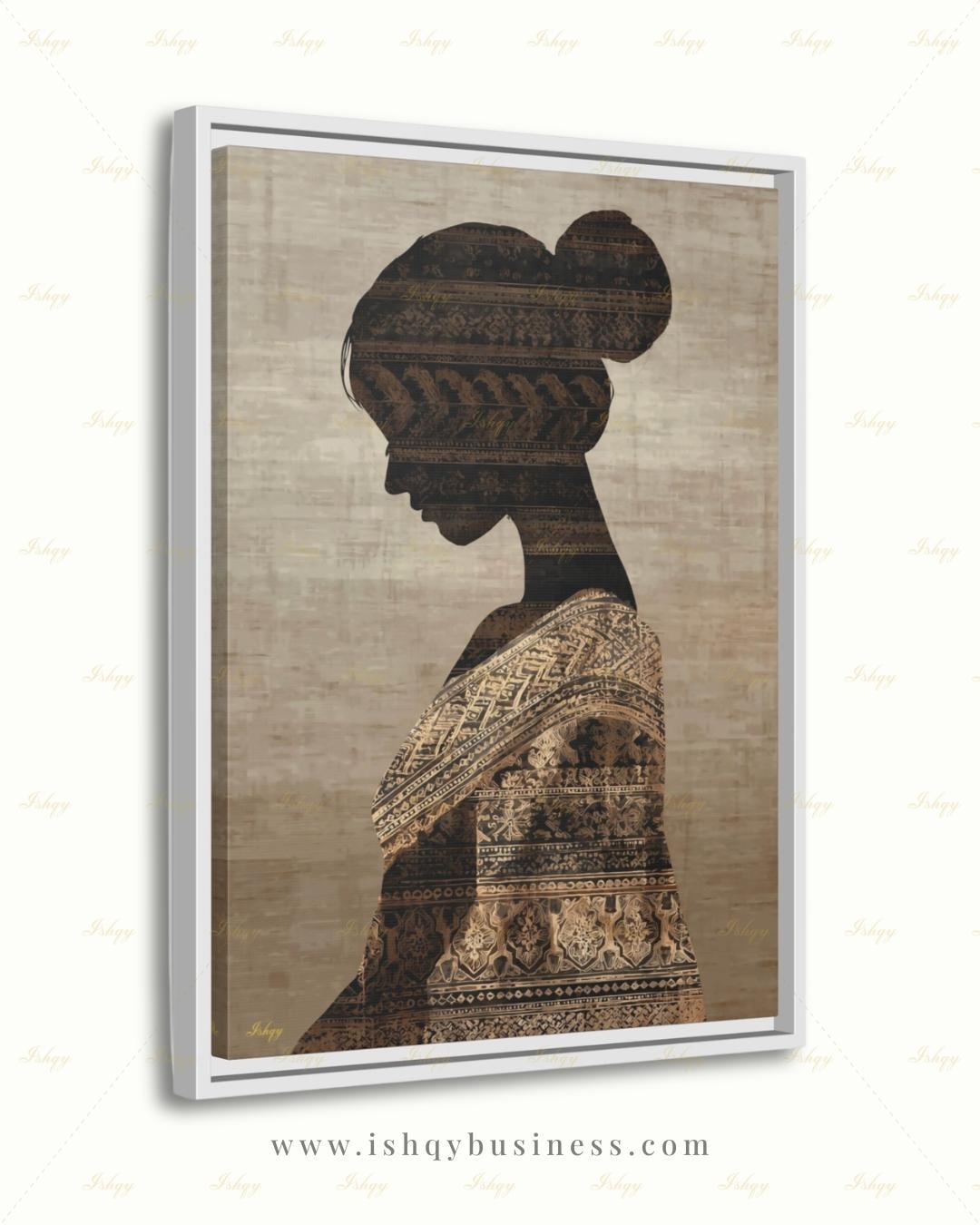 Thai Woman Wall Art, Batik Silhouette Canvas Print, Neutral Boho Southeast Asia Decor, Minimalist Cultural Portrait, Framed Canvas Gift