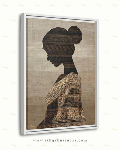 Thai Woman Wall Art, Batik Silhouette Canvas Print, Neutral Boho Southeast Asia Decor, Minimalist Cultural Portrait, Framed Canvas Gift