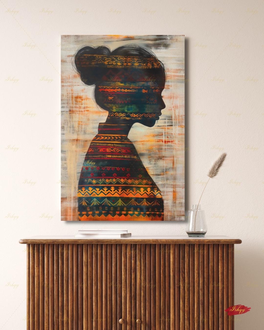 Colombian Woman Wall Art, Tribal Textile Silhouette Canvas Print, Boho Latin America Decor, Warm Earth Tone Portrait, Framed Canvas Gift