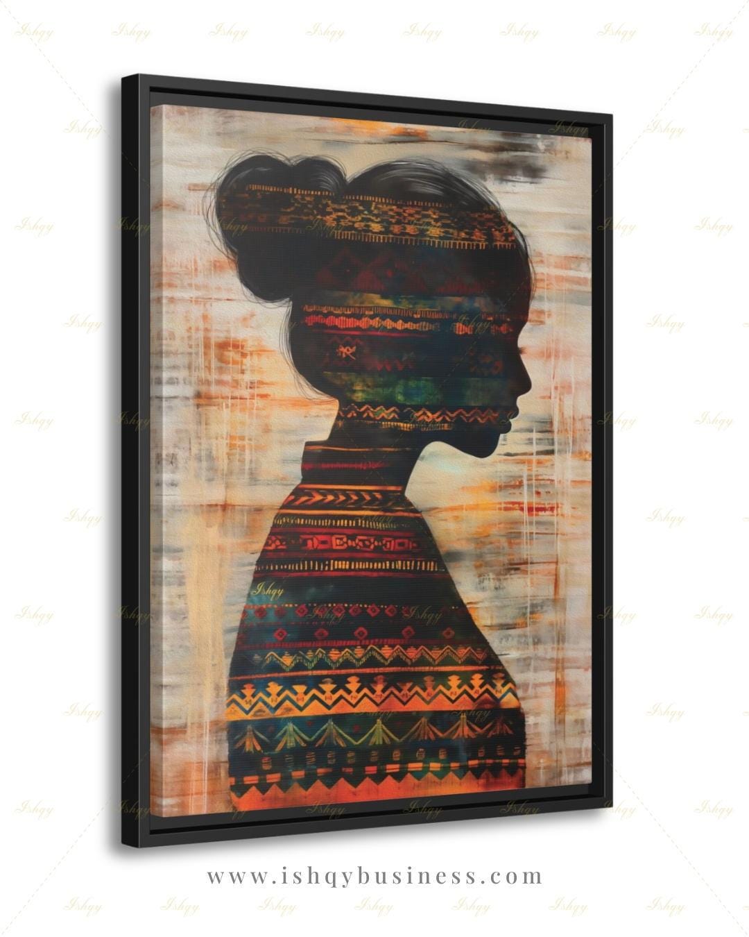 Colombian Woman Wall Art, Tribal Textile Silhouette Canvas Print, Boho Latin America Decor, Warm Earth Tone Portrait, Framed Canvas Gift