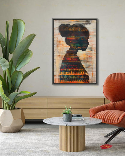 Colombian Woman Wall Art, Tribal Textile Silhouette Canvas Print, Boho Latin America Decor, Warm Earth Tone Portrait, Framed Canvas Gift