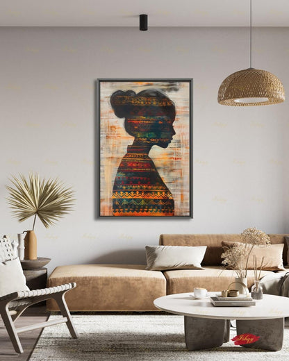 Colombian Woman Wall Art, Tribal Textile Silhouette Canvas Print, Boho Latin America Decor, Warm Earth Tone Portrait, Framed Canvas Gift