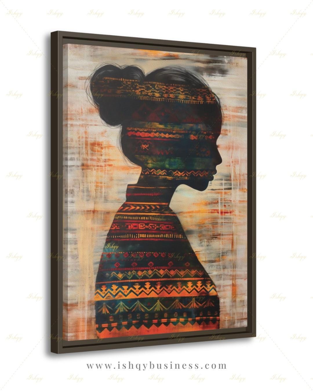 Colombian Woman Wall Art, Tribal Textile Silhouette Canvas Print, Boho Latin America Decor, Warm Earth Tone Portrait, Framed Canvas Gift