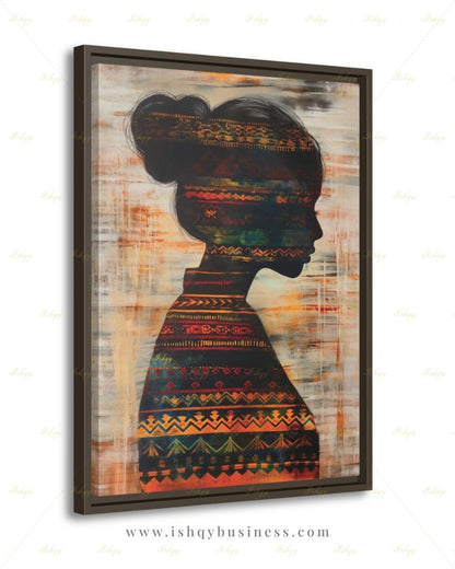 Colombian Woman Wall Art, Tribal Textile Silhouette Canvas Print, Boho Latin America Decor, Warm Earth Tone Portrait, Framed Canvas Gift