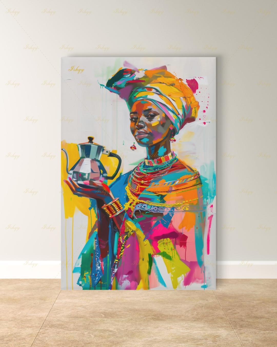 Ethiopian Woman Wall Art, African Coffee Ceremony Canvas Print, Bold Colorful Black Woman Decor, Jebena Portrait Framed Canvas Gift