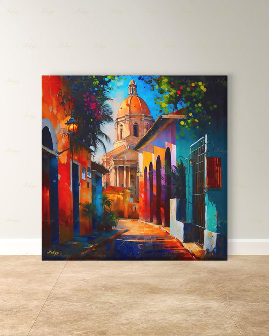 Oversized Santo Domingo Canvas Wall Art, Dominican Colonial Framed Canvas Print, Extra Large Textured Street Oil Painting, Apartment Decor
