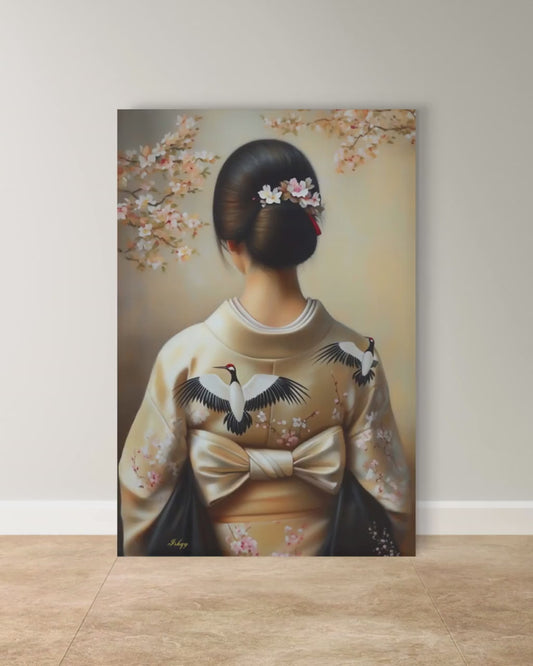 Japanese Woman Wall Art Canvas Print with Crane Kimono and Cherry Blossoms