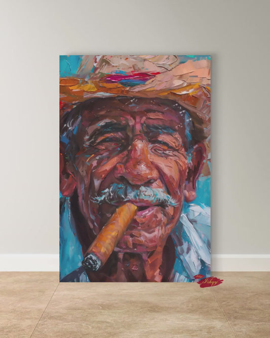 Salvadorian Man Wall Art Print - Cigar Portrait Painting Latin American Decor Rustic Wall Decor Colorful Canvas Art Print Home Poster