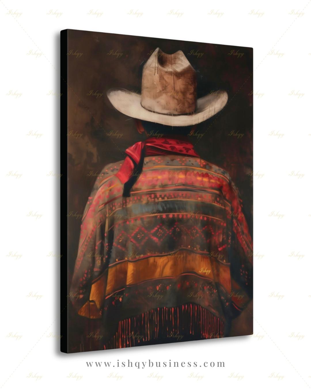 Mexican Cowboy Wall Art, Charro Poncho Canvas Print, Dark Moody Latin Man Decor, Western Folk Art, Boho Framed Canvas, Gift for Him