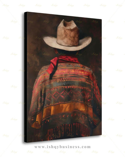Mexican Cowboy Wall Art, Charro Poncho Canvas Print, Dark Moody Latin Man Decor, Western Folk Art, Boho Framed Canvas, Gift for Him