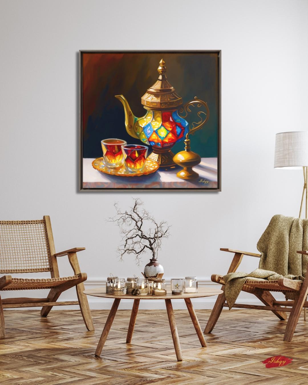 Moroccan Tea Set Wall Art – Colorful Arabic Kitchen Decor, Middle Eastern Teapot Painting, Vibrant Cultural Canvas for Home & Dining Rooms