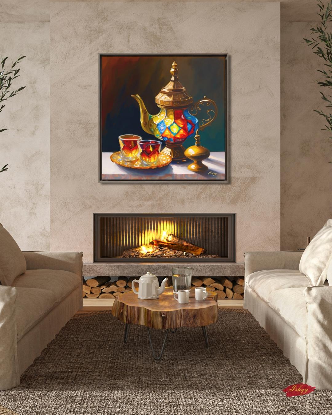 Moroccan Tea Set Wall Art – Colorful Arabic Kitchen Decor, Middle Eastern Teapot Painting, Vibrant Cultural Canvas for Home & Dining Rooms