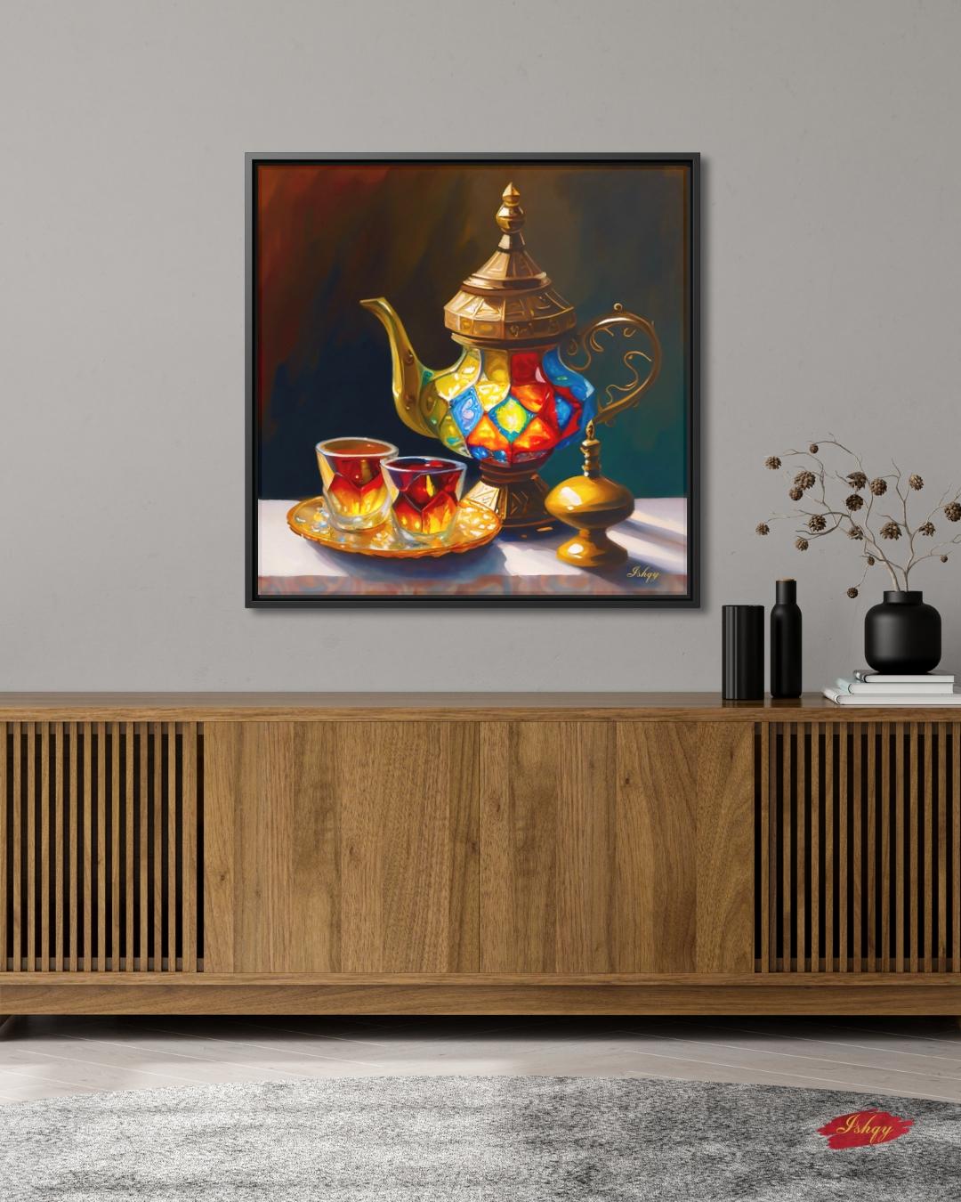 Moroccan Tea Set Wall Art – Colorful Arabic Kitchen Decor, Middle Eastern Teapot Painting, Vibrant Cultural Canvas for Home & Dining Rooms