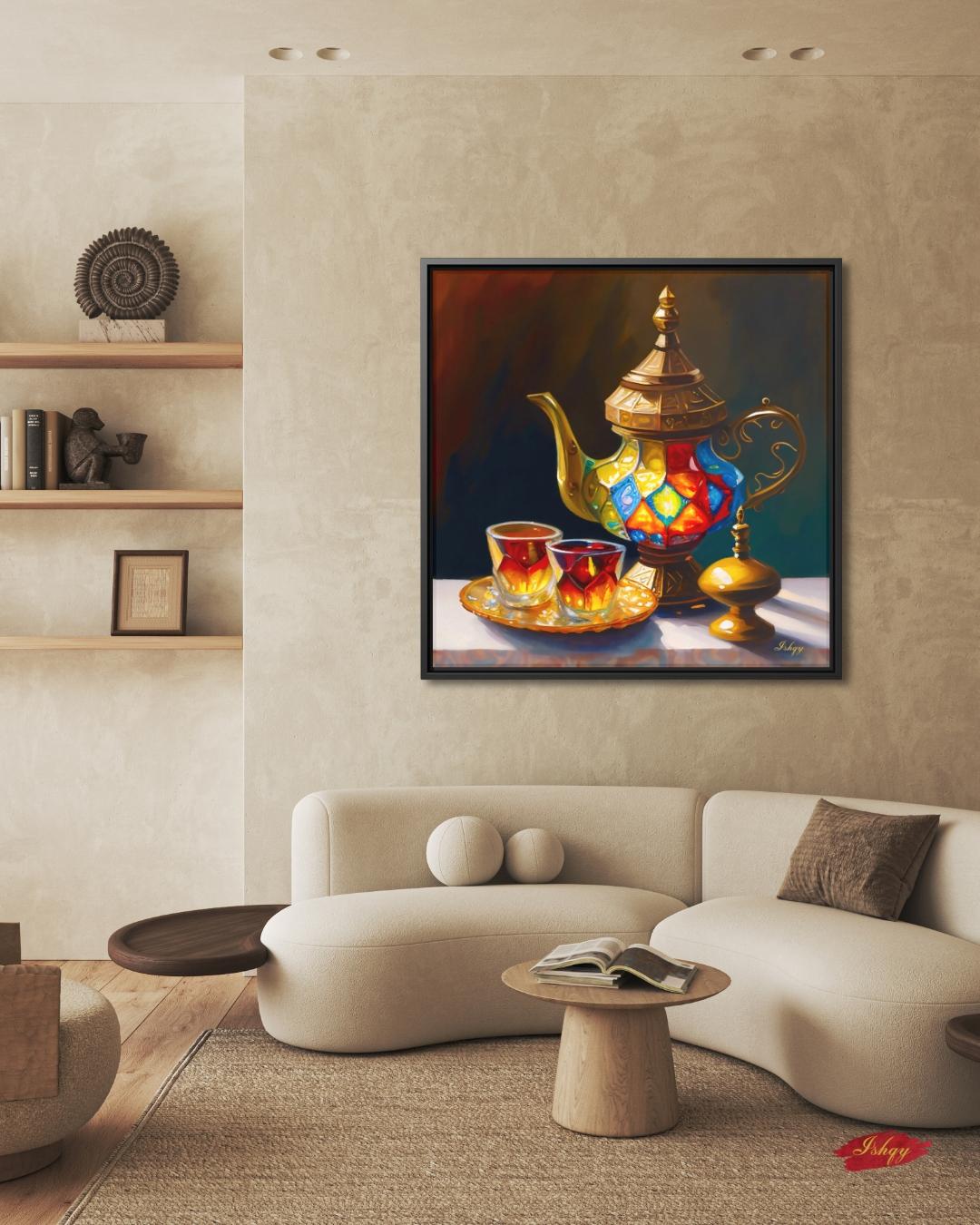 Moroccan Tea Set Wall Art – Colorful Arabic Kitchen Decor, Middle Eastern Teapot Painting, Vibrant Cultural Canvas for Home & Dining Rooms