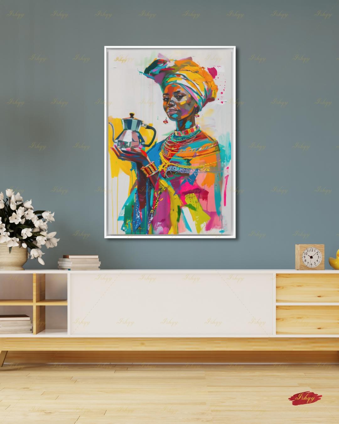 Ethiopian Woman Wall Art, African Coffee Ceremony Canvas Print, Bold Colorful Black Woman Decor, Jebena Portrait Framed Canvas Gift