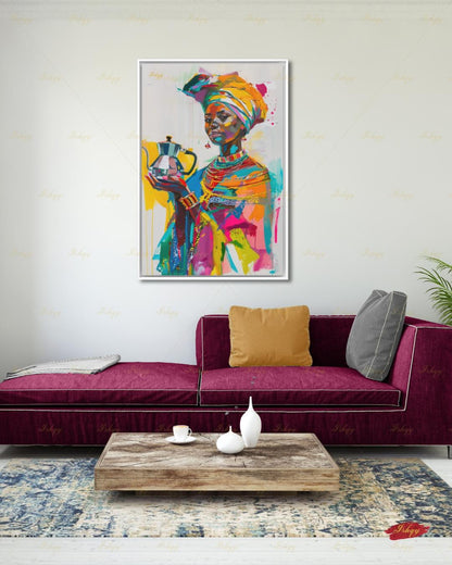 Ethiopian Woman Wall Art, African Coffee Ceremony Canvas Print, Bold Colorful Black Woman Decor, Jebena Portrait Framed Canvas Gift