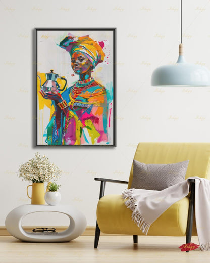 Ethiopian Woman Wall Art, African Coffee Ceremony Canvas Print, Bold Colorful Black Woman Decor, Jebena Portrait Framed Canvas Gift